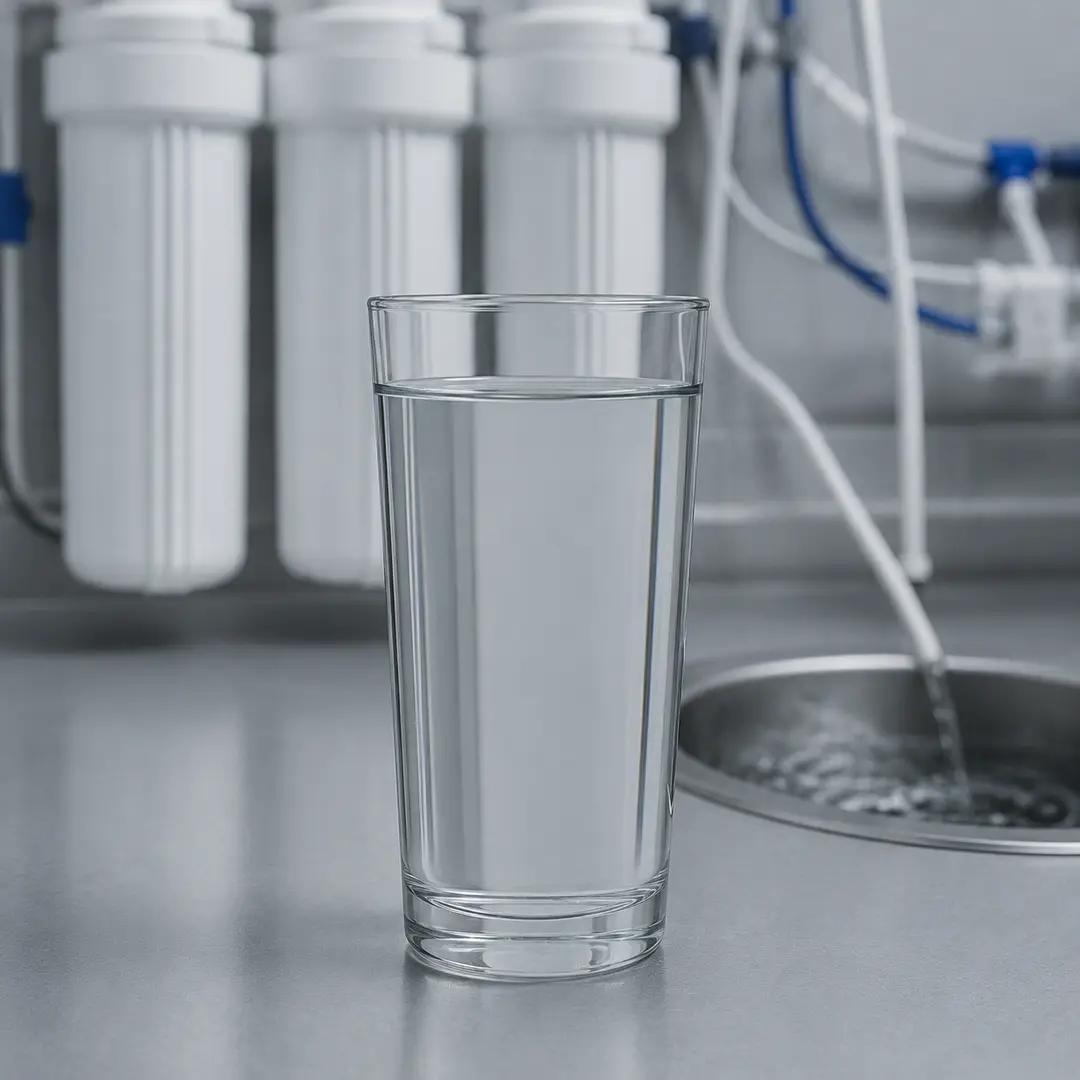 A still, flat glass of reverse-osmosis water in a lab.