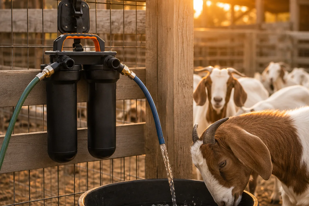 Sentry H2O Portable System filtering water for goats at a barn trough
