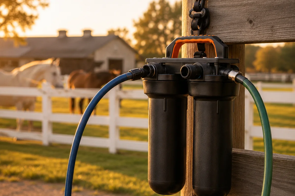 Horses in a pasture with a portable clean-water setup nearby