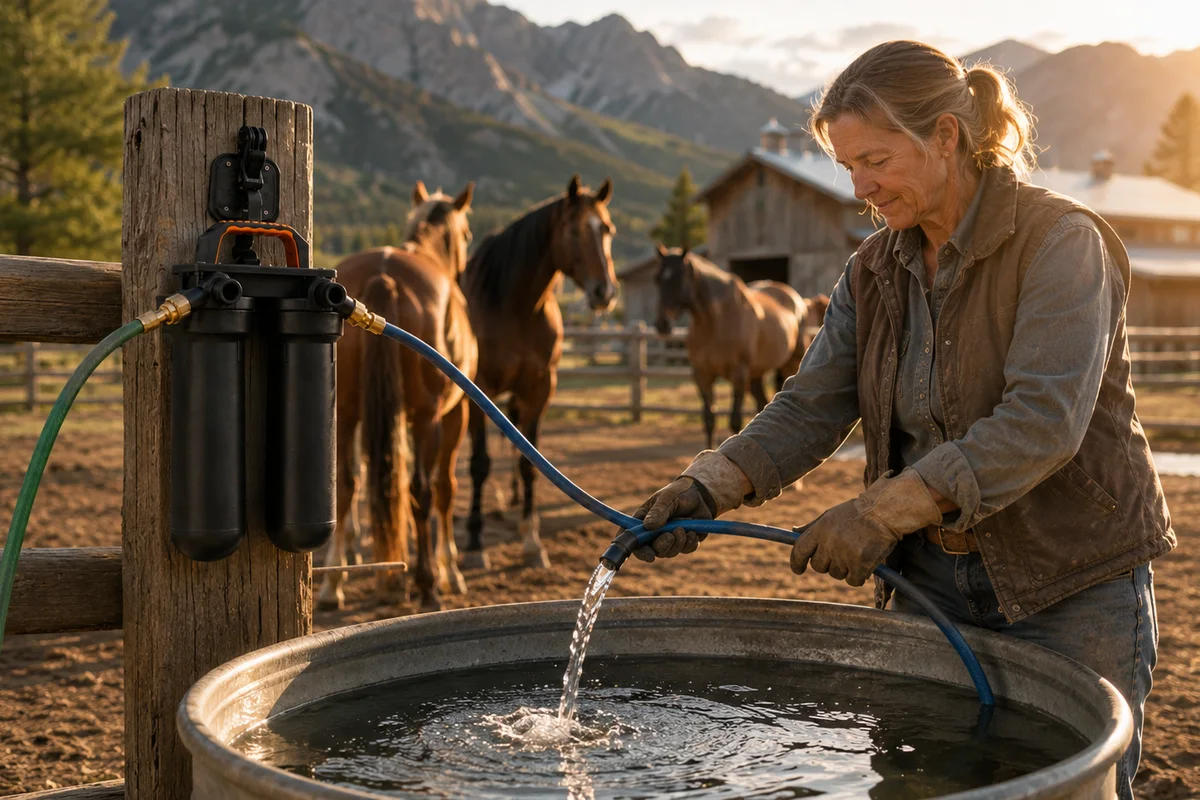 Portable Sentry H2O filter filling a horse trough at a ranch