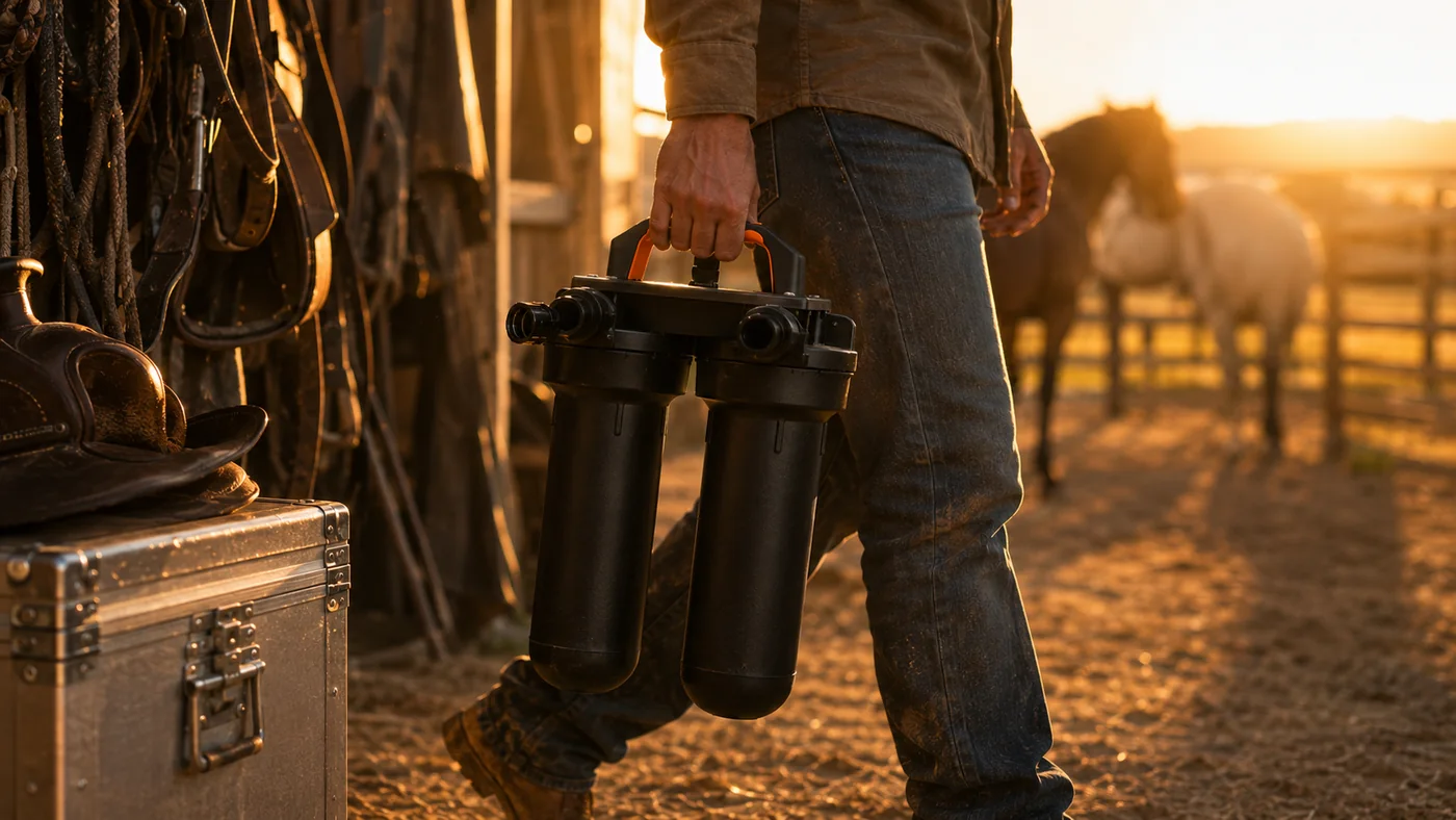 Sentry H2O Portable System being carried through a barn with horses nearby