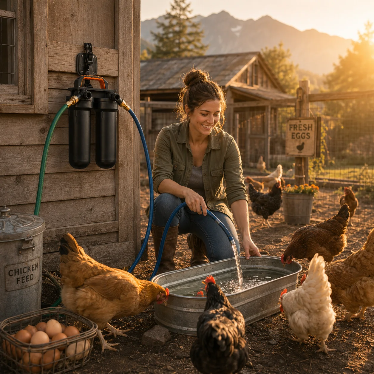 Sentry H2O Portable System filling water for chickens and hobby farm animals at a homestead