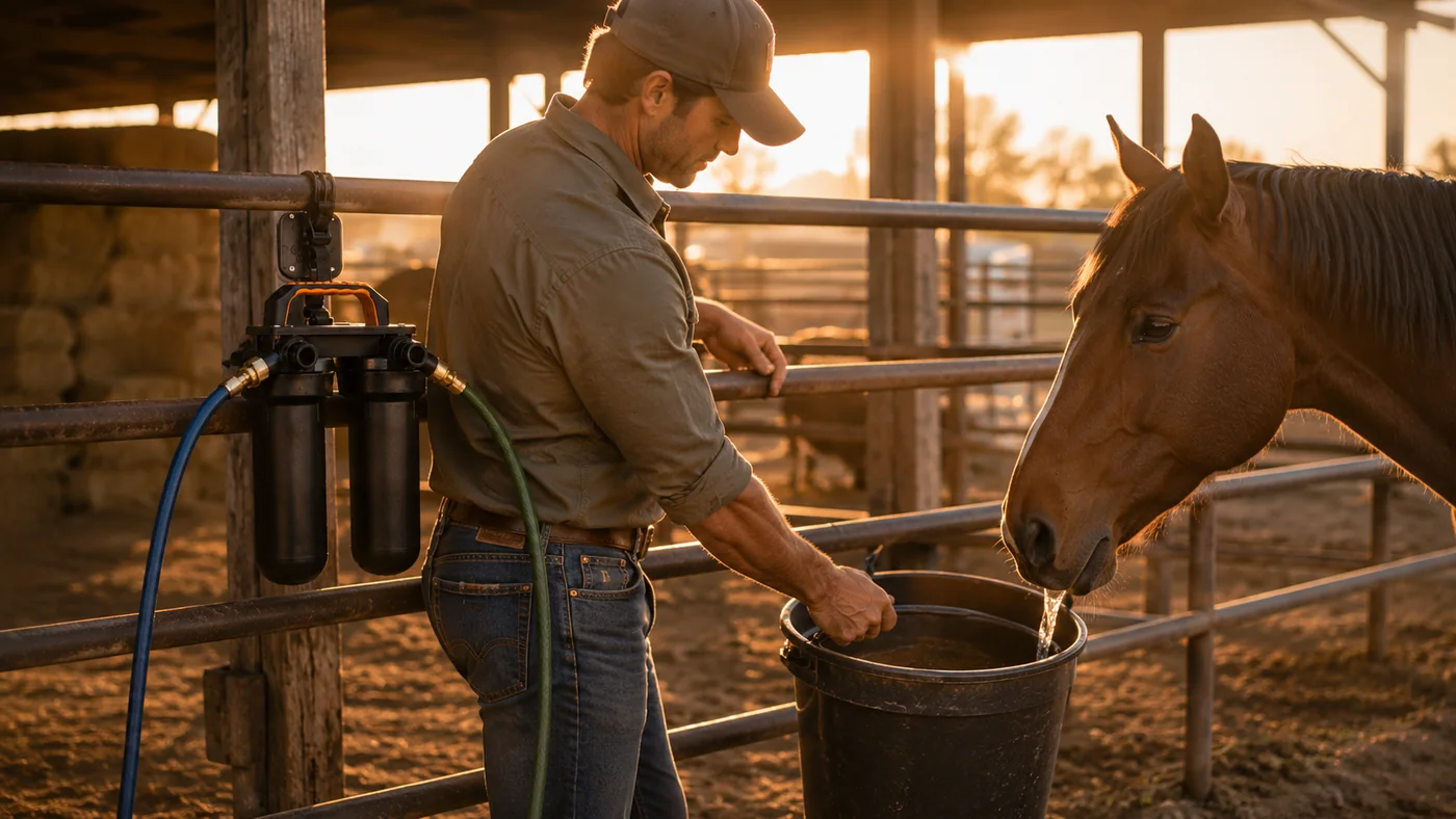 Horse drinking filtered water from a bucket beside the Sentry H2O Portable System
