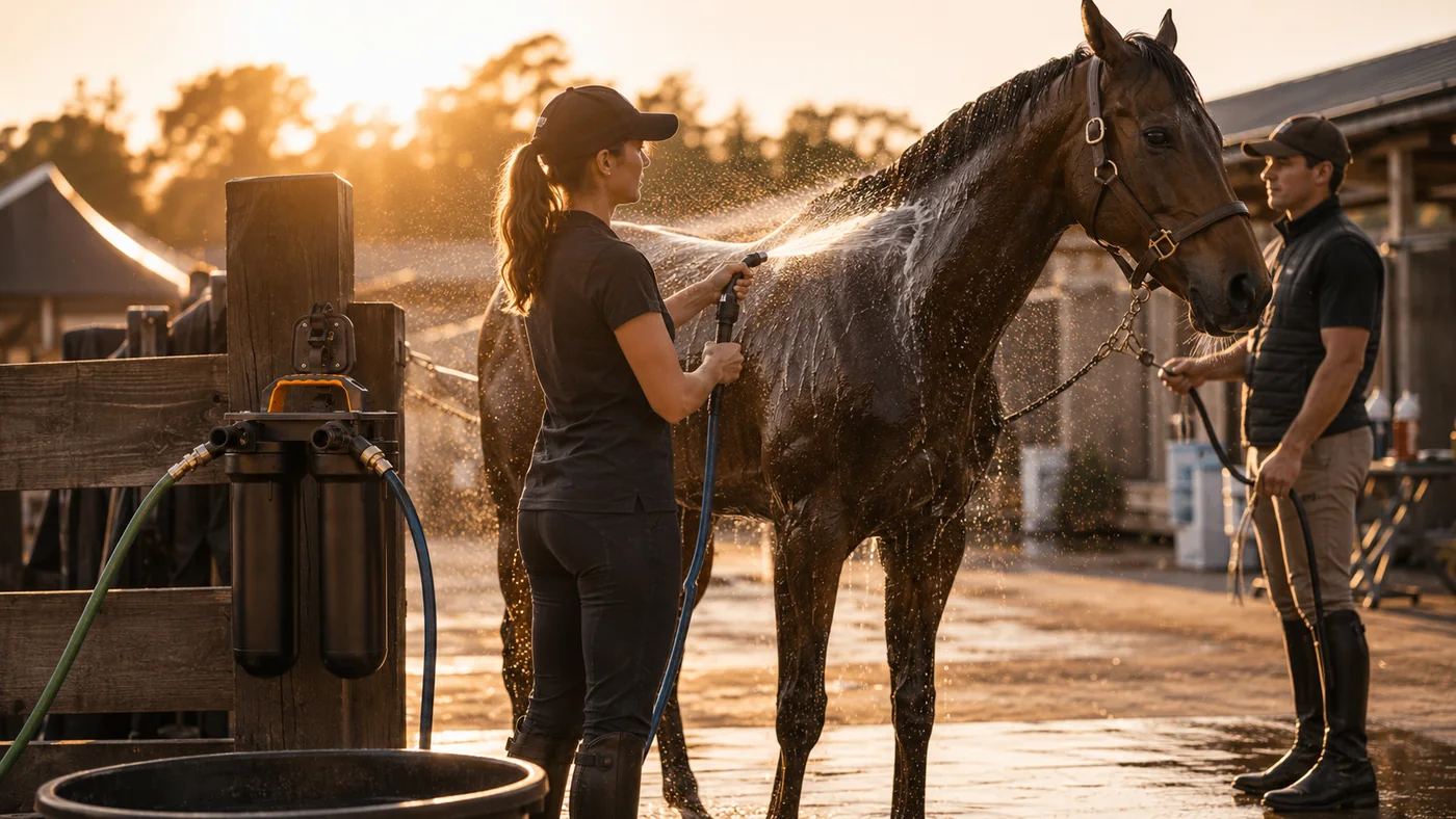 Sentry H2O Portable System filtering water for a performance horse at an event wash station