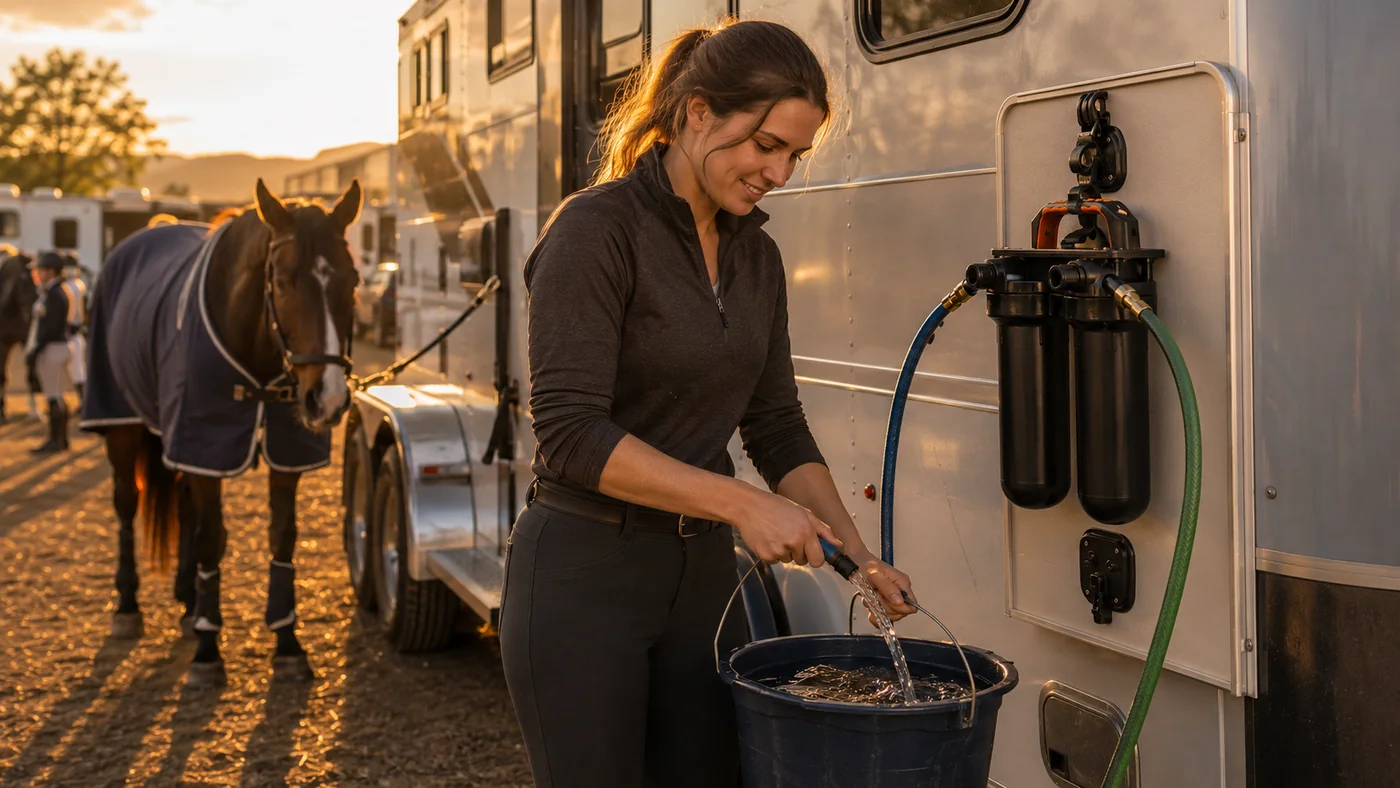 Sentry H2O Portable System mounted on a horse trailer and filtering water into a bucket