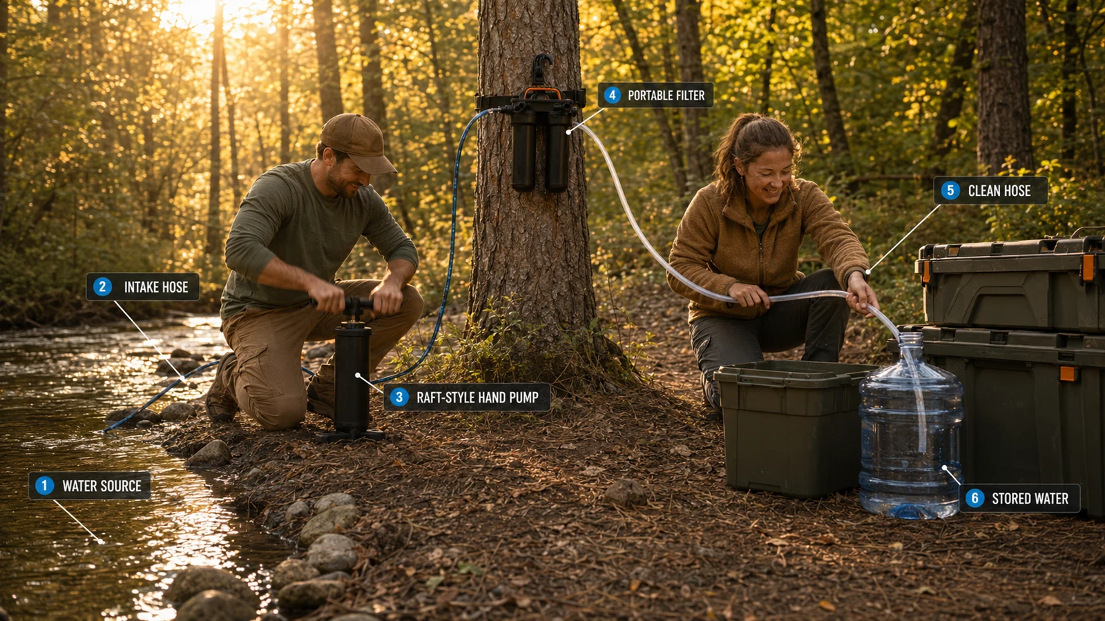 The same setup running on a manual raft-style hand pump — no electricity needed