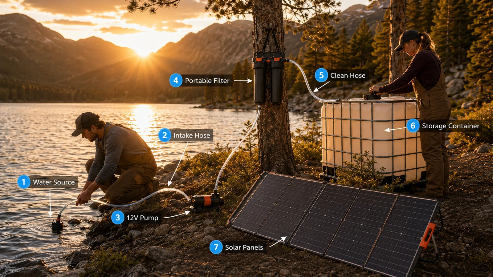 Labeled source-to-storage flow: water source, intake hose, 12V pump, portable filter, clean hose, storage container, and a portable solar array