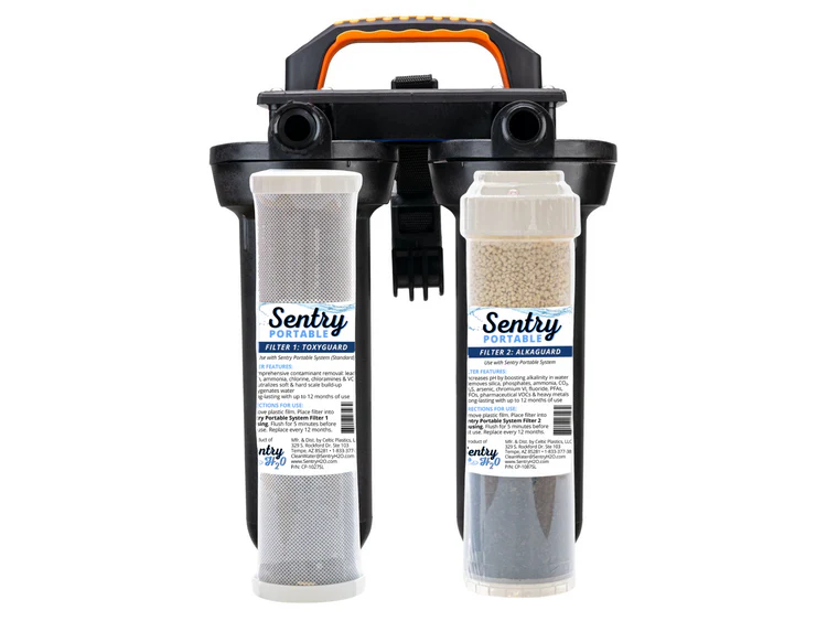 Sentry H2O Portable System with ToxyGuard and AlkaGuard cartridges for known treated water, shown as context only