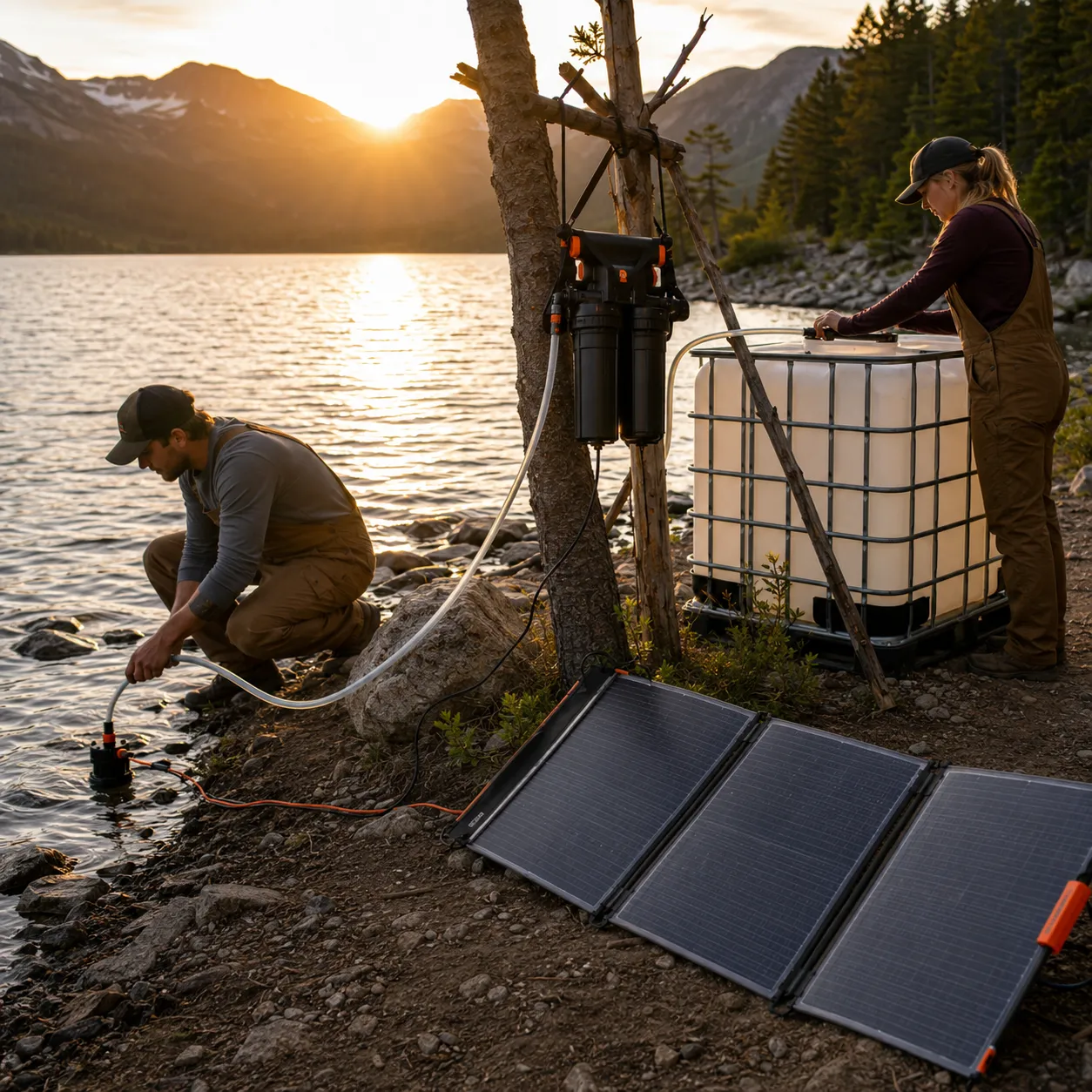 A portable water filter feeding a storage container beside a lake at golden hour — the renewable layer most preparedness plans are missing