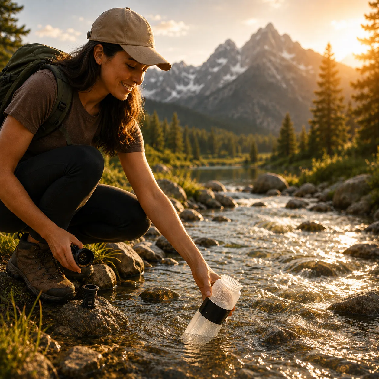 Hiker filling the Sentry H2O BioChem OTG filtered bottle directly from a clear mountain stream