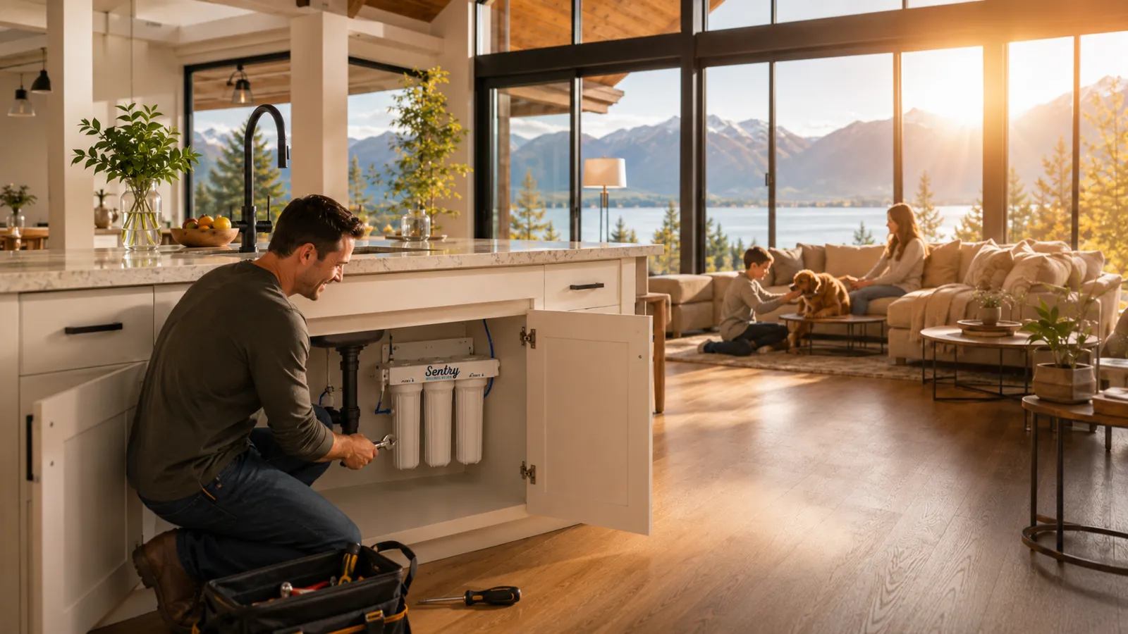 A professional installing the Sentry H2O Undersink System under a kitchen sink