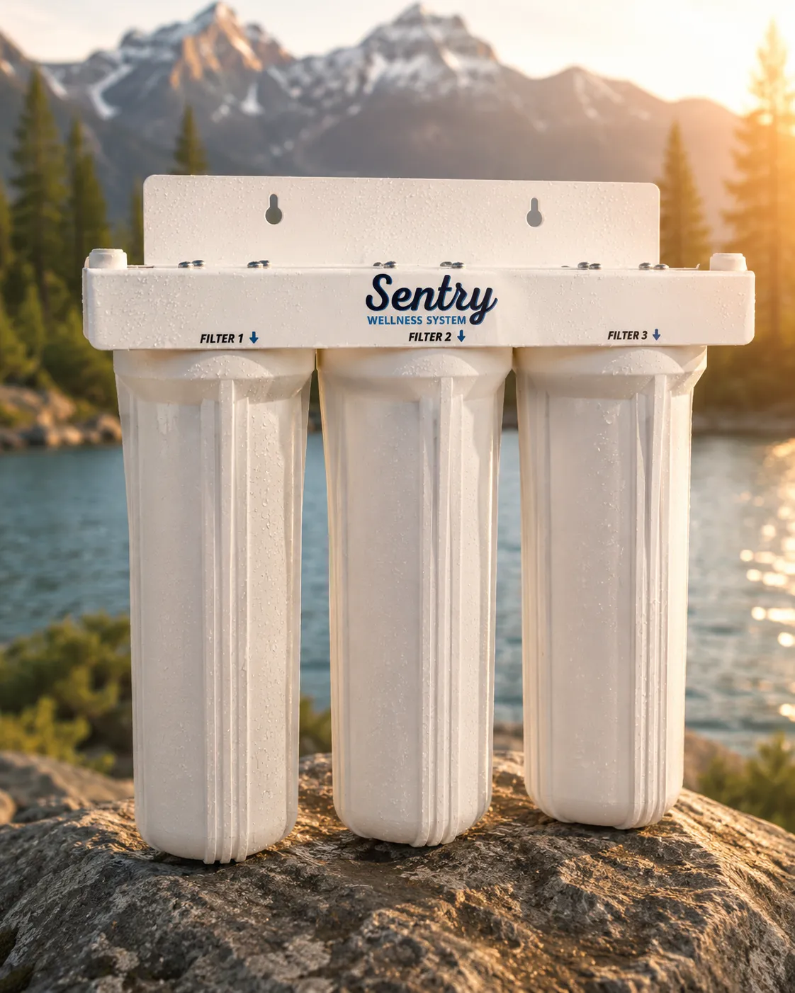Sentry H2O Undersink System in its 3-stage TriGuard configuration — three white filter housings on a rock beside an alpine lake