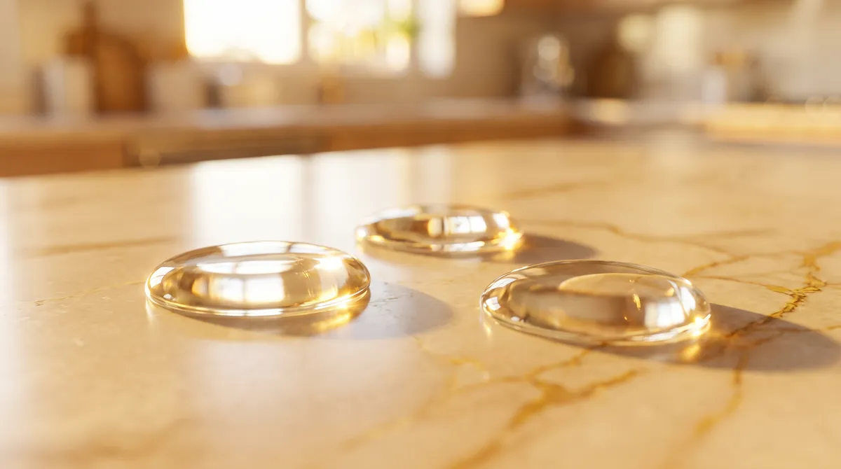 Macro close-up of clean water droplets beaded on a warm stone kitchen counter in golden light