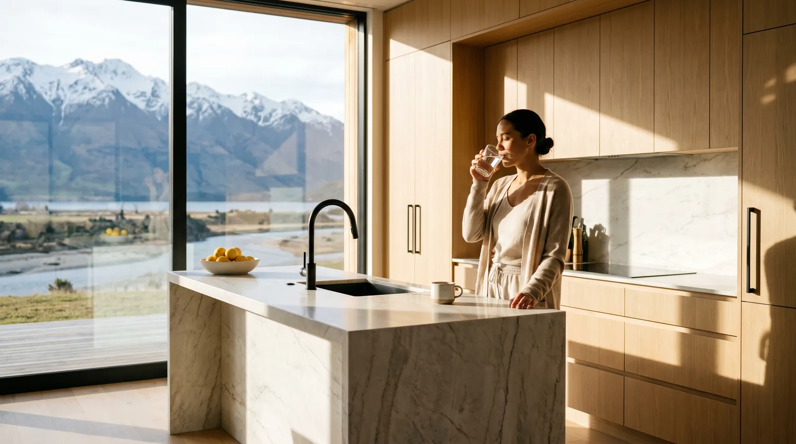 A woman pausing to drink a glass of filtered water in a bright modern kitchen, a huge window framing a mountain lake and snowcapped alpine peaks behind her
