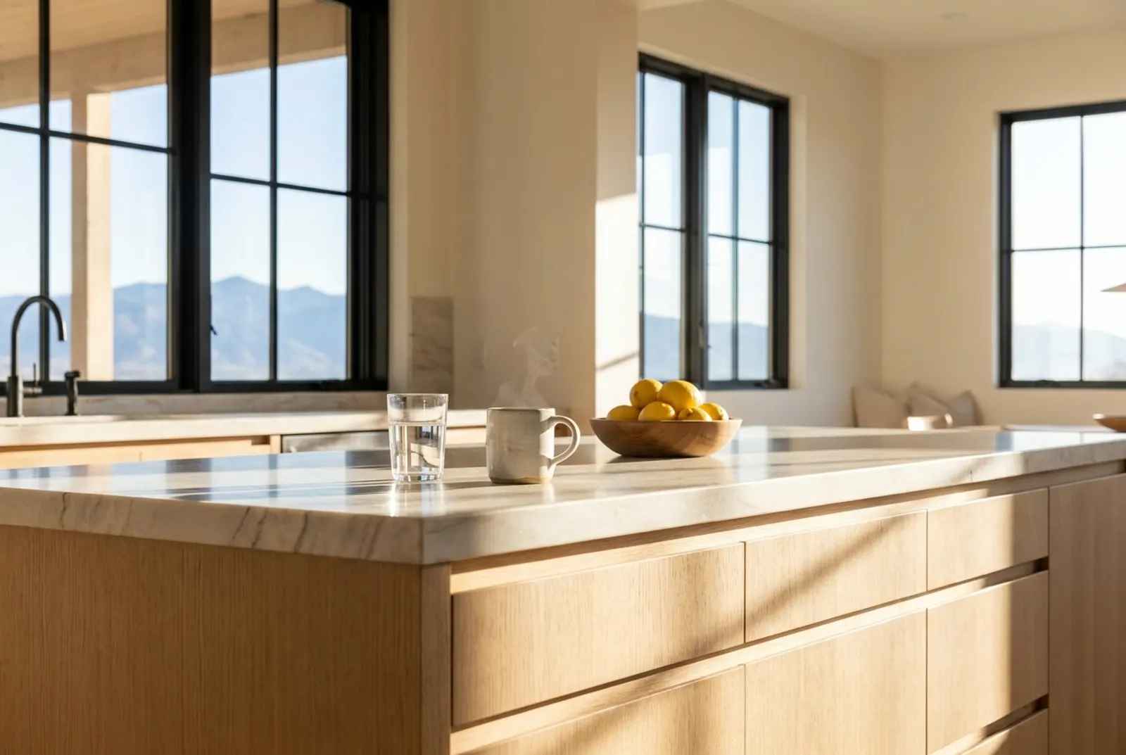 A bright, mountain-view kitchen island with a clear glass of water, coffee and fresh lemons in warm morning light