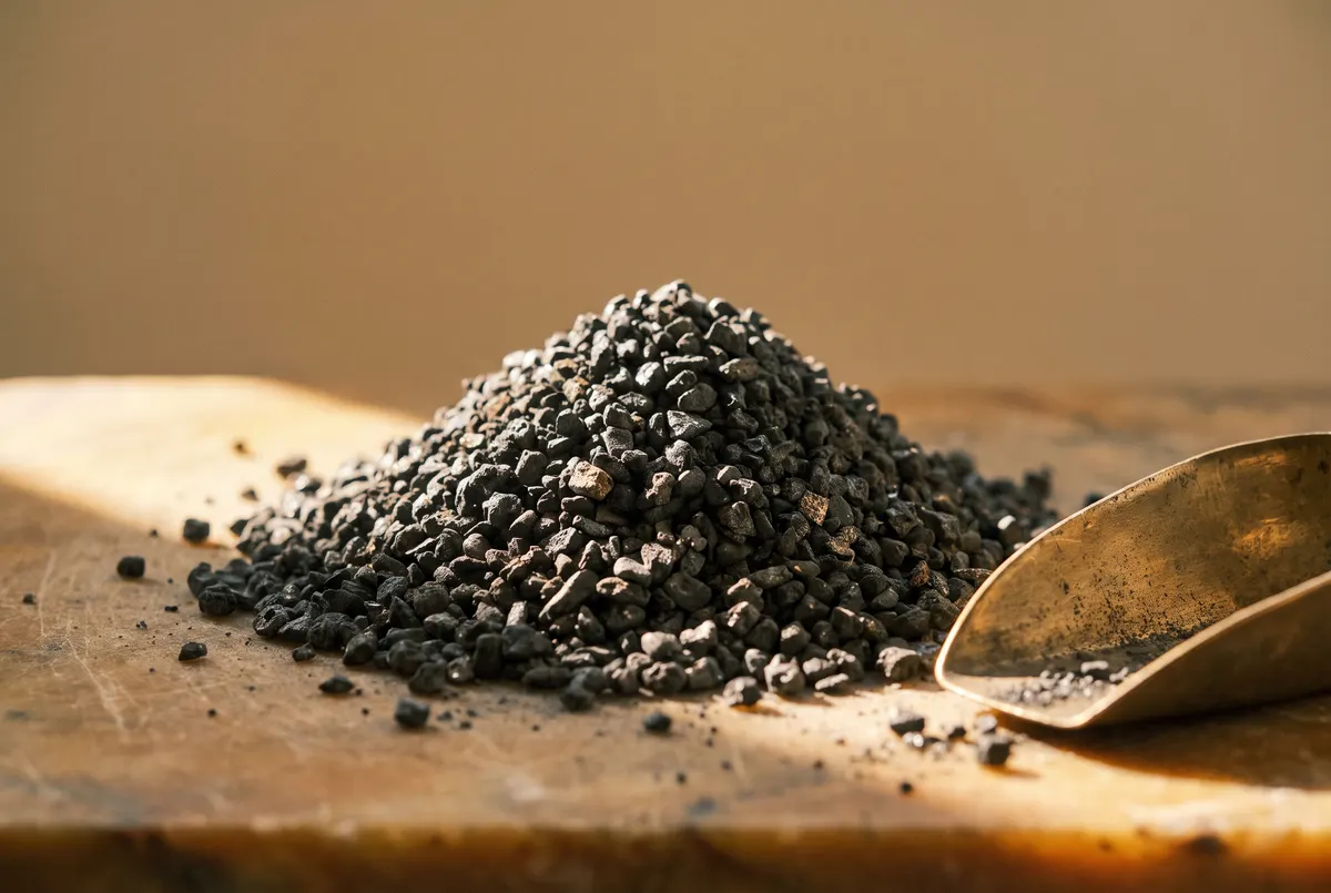Dark granular catalytic carbon filter media in a brass scoop on warm soapstone