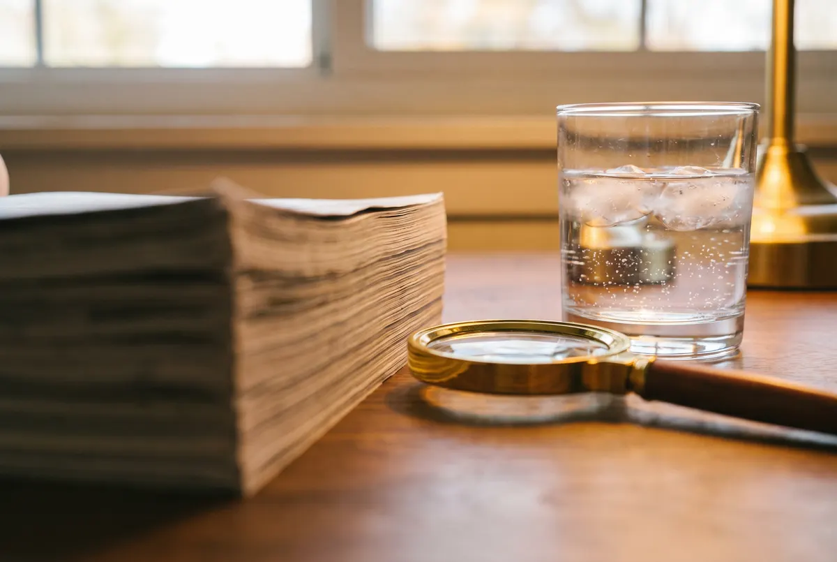 A magnifying glass resting on printed laboratory report pages beside a glass of water on warm walnut