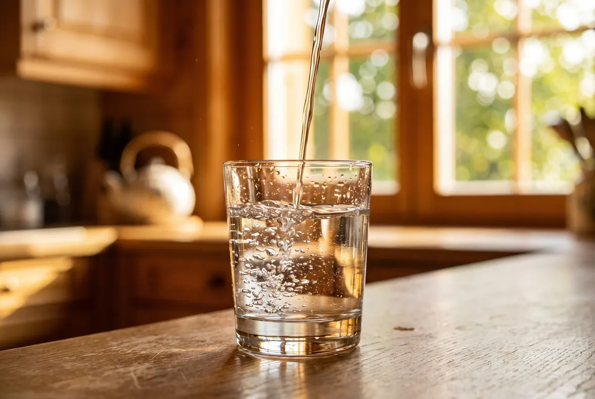 A clear glass filling with bright, clean water on a warm oak counter in golden morning light