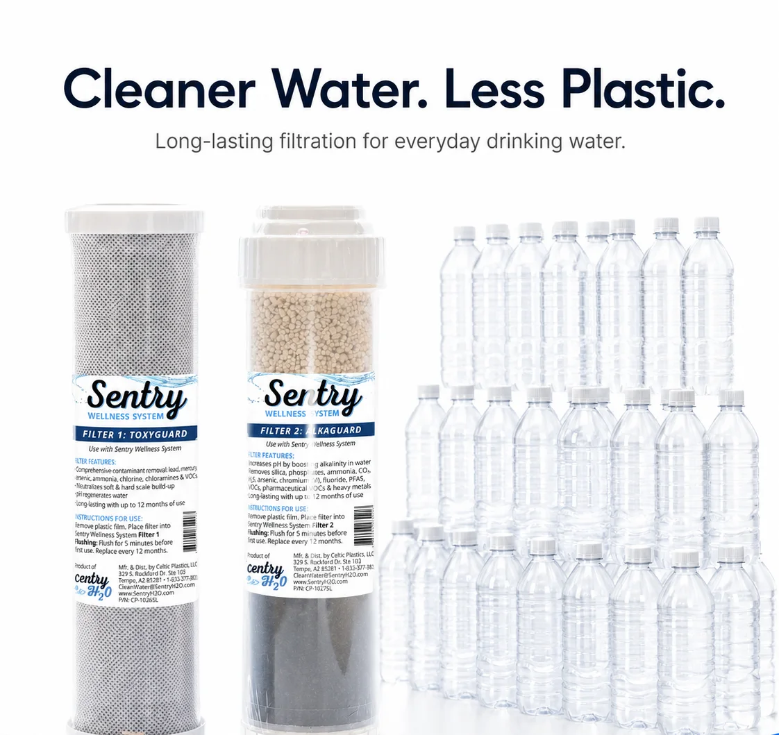 Sentry H2O replacement filter cartridges lined up beside a row of single-use plastic water bottles