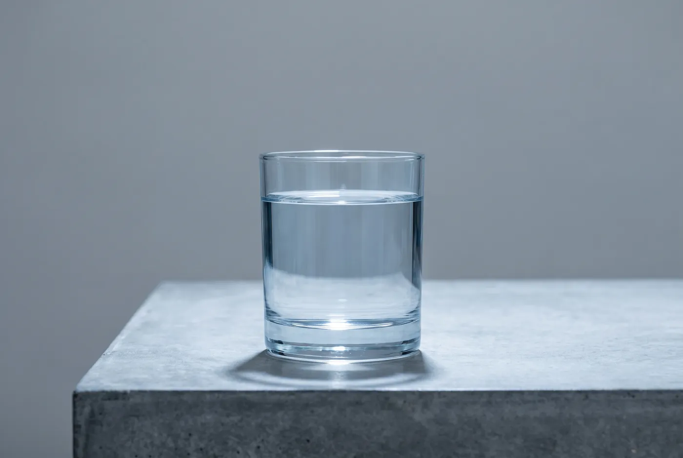 The same glass of water shown two ways: on cold clinical concrete (reverse-osmosis water, clear but demineralized and flat) and on warm oak in golden light (mineral-rich catalytic-carbon water) — drag to compare