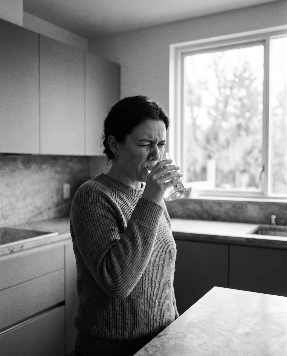 A woman in a modern kitchen wincing slightly as she sips a glass of tap water