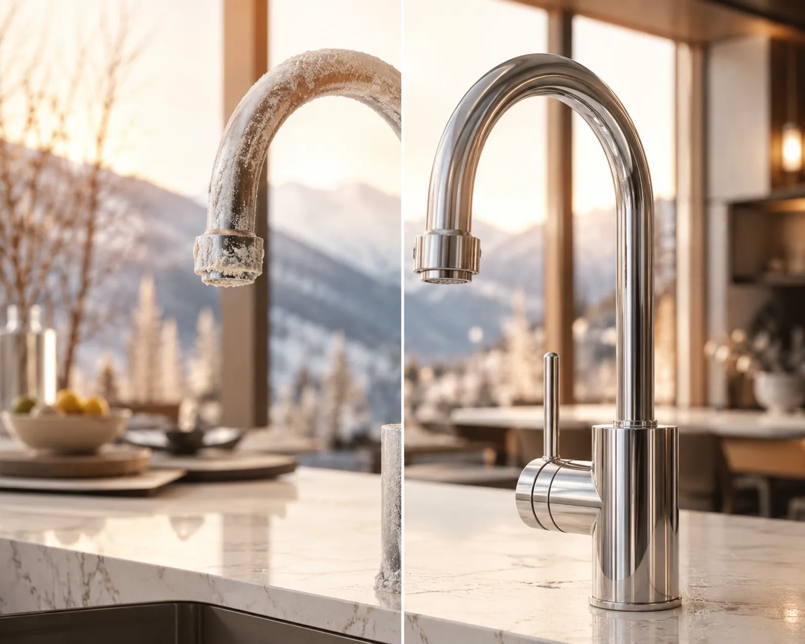 A side-by-side of a kitchen faucet: on one side crusted with white limescale from untreated hard water, on the other kept free of scale