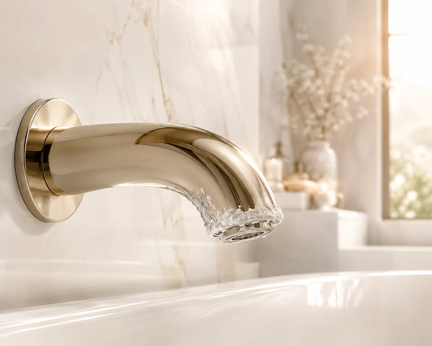 A gold tub spout crusted with white limescale from untreated hard water beside the same spout kept free of scale — drag to compare