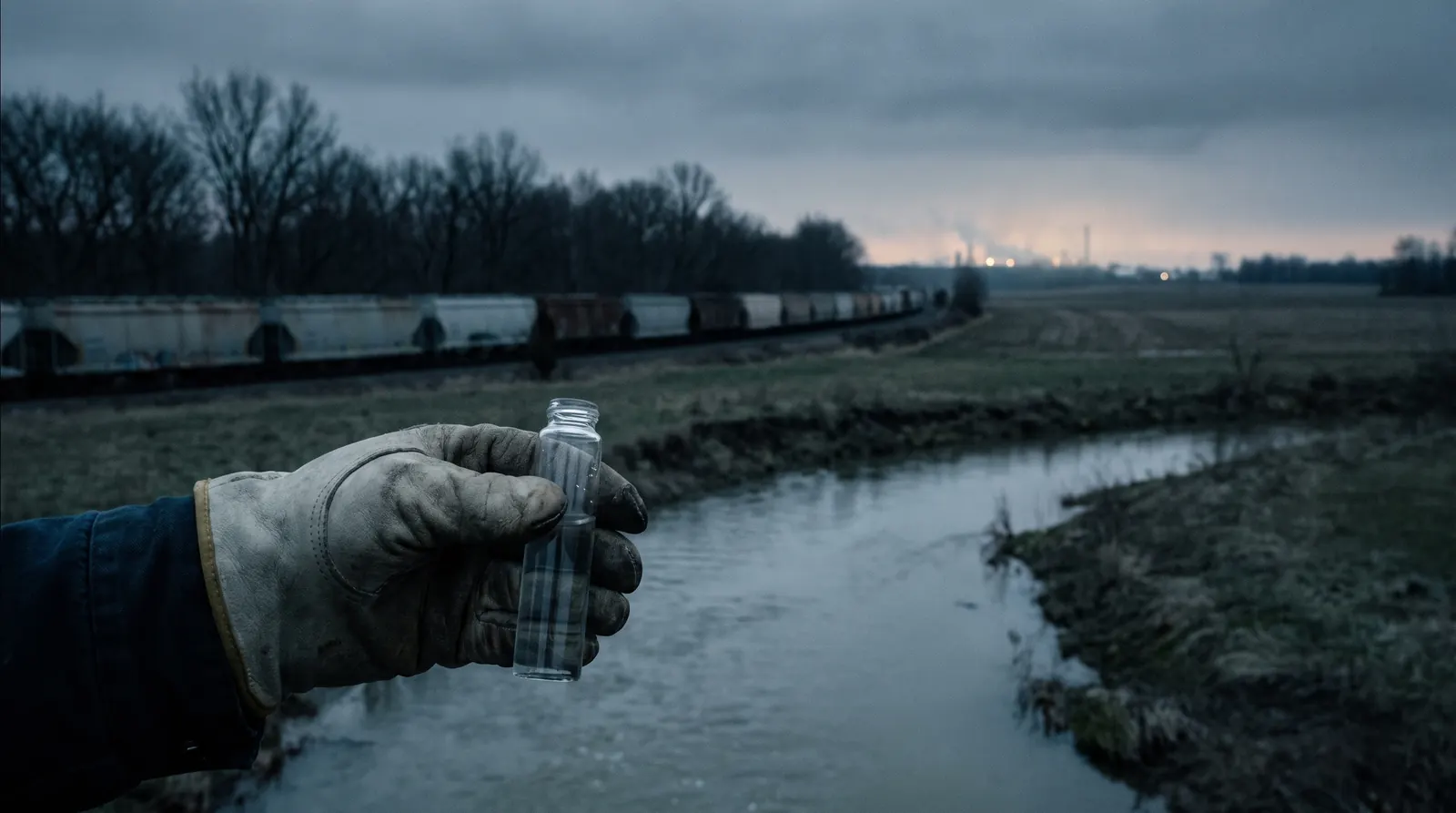 A restrained dusk scene near a rail line: freight hopper cars along a bare tree line above a slow, murky creek, with a gloved hand holding a clear glass sample vial for water testing