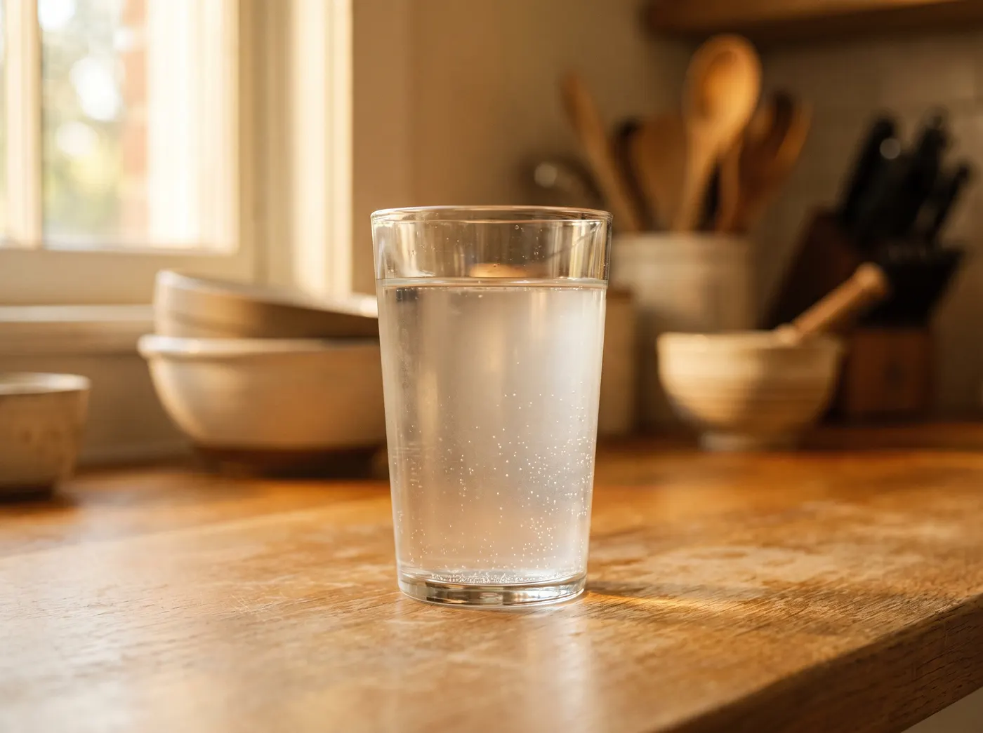 A glass of faintly cloudy, dull tap water on a warm oak counter