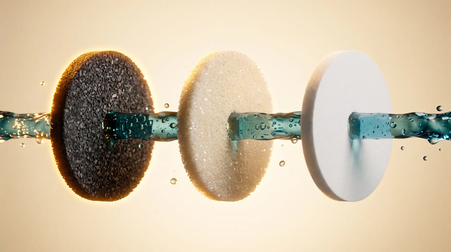 Exploded view of the Sentry H2O filtration stages: a dark granular catalytic-carbon disc glowing warm gold, a cream remineralization disc, and a white optional BioChemGuard disc, with clear water threading through all three