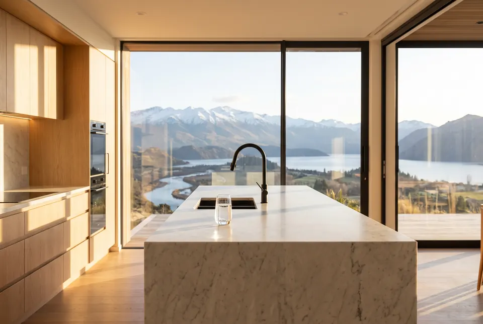 A bright modern luxury kitchen at golden hour with a fresh glass of filtered water